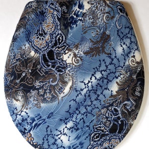 Pretty Toilet Seat lid Cover, for standard size toilet. Blue Bathroom Decor idea. Spandex fabric loo toilet lid cover. Designer material.