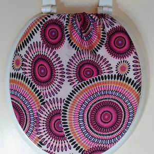 Toilet Seat lid Cover : Standard toilet. Stretchy fabric. ECO friendly repurposed fabric. Bathroom decor. purple magenta. fun decorating