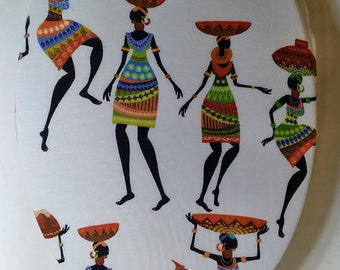 Fundas para tapa de asiento de inodoro: para inodoro alargado. Mujer africana, portadora de cabeza. Ideas para remodelar y decorar baños. Tejido reciclado.