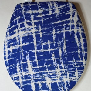 Toilet Seat lid Cover, for standard size toilet. Blue Bathroom Decor idea. Royal blue and white pattern. Thin spandex fabric loo lid cover