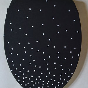 Fun stars, cloth Toilet lid Cover For elongated toilet seat. Stretchy cloth toilet seat lid cover. White stars on black.  Night sky decor