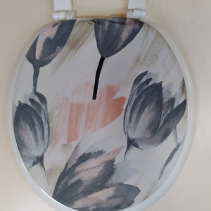 Cloth Toilet Seat Lid Cover : Bathroom Decor idea with peach and grey fabric.  For standard size toilet seat. Redecorate your loo fast