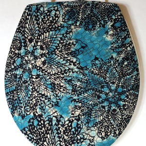 Cloth Toilet Seat Lid Cover. Standard size. Aqua Bathroom Decorating ideas, Ideas for small bathrooms, aqua with black snowflake flowers