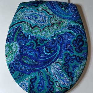 toilet lid cover for standard toilet seat. Designer Home decor. Fabric Toilet seat lid Cover. Blue bathroom idea. Decorative inexpensive loo