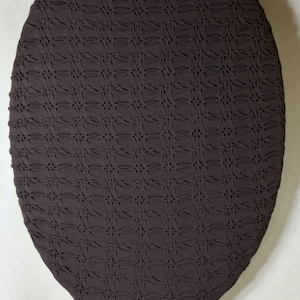 Stretchy Cloth Toilet Lid Cover, for standard size toilet seats. High quality Textured brown. Easy redecorating.
