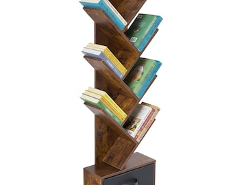 Wooden 7 tier Tree Bookshelf Bookcase with Drawer