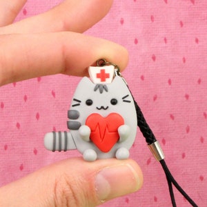 Heartbeat Keychain, Gift For Nurse, Medical Pusheen Keychain, Funny Animal Charm, Stocking Stuffers