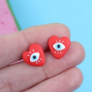 Tiny Heart Eye Stud Earrings, Protection Eye Gift, Kitsch Evil Eye Earrings