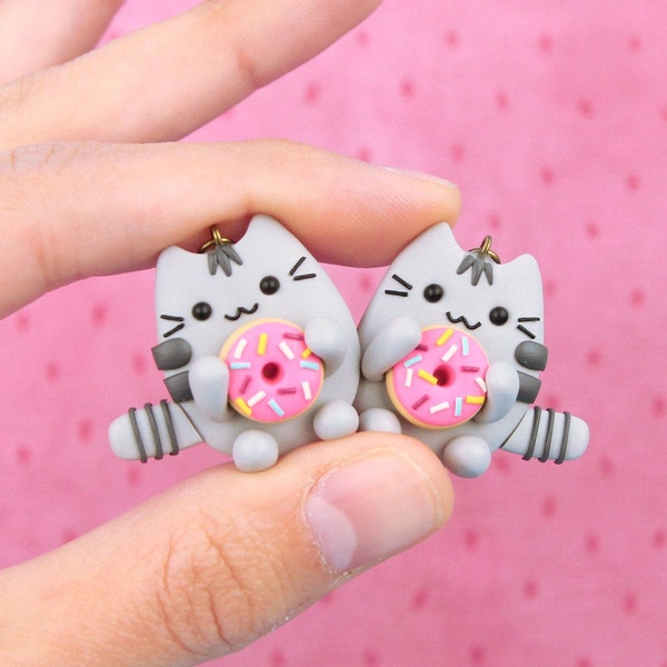 Pusheen With Donut Earrings, Funny Kids Gift, Pink Doughnut Jewelry, Stocking Stuffers