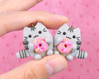 Pusheen With Donut Earrings, Funny Kids Gift, Pink Doughnut Jewelry, Stocking Stuffers