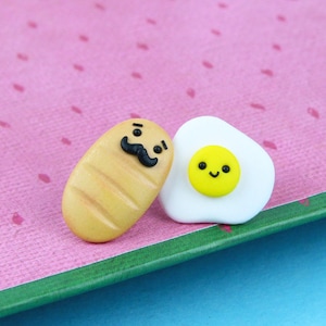 Fried Egg And Baguette Bread Stud Earrings, Fake Miniature Food, Quirky Mismatched Earrings