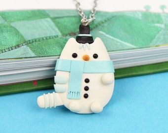 Snowman Necklace, Gift For Kids, Winter Cat Keychain, Frosty Pusheen Jewelry, White Animal Jewelry, Stocking Stuffers