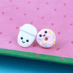 Kawaii Donut and Coffee Stud Earrings, Funny Mismatch Earrings, Coffee Cup Studs