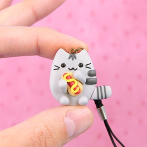 Pusheen With Hot Dog Keychain, Miniature Food Gift, Funny Picnic Charms, Stocking Stuffers