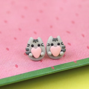 Pusheen Stud Earrings, Anniversary Gift For Her, Cat With Heart Studs, Romantic Gift, Lovely Pusheen Earrings, Stocking Stuffers