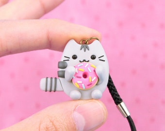 Pusheen With Donut Keychain, Food Lover Gift, Funny Cat Charms, Stocking Stuffers