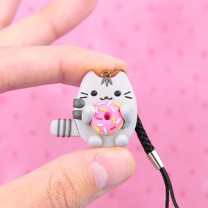 Pusheen With Donut Keychain, Food Lover Gift, Funny Cat Charms, Stocking Stuffers