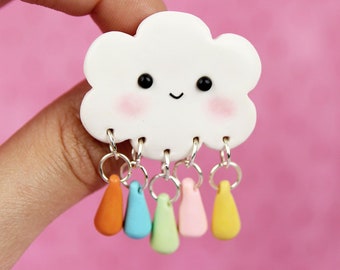 Kawaii Cloud Brooch, Rainy Weather Jewelry, Raindrop Badge, Nature Lover Gift, Fluffy Cloud Pin, Rainbow Rain Brooch, Stocking Stuffers