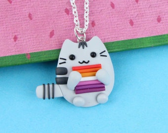 Collar de gato lesbiano, collar de gato LGBTQ, regalo del orgullo gay, collar de Pusheen arcoíris gay, joyería para lesbianas, bisexuales, transgénero y asexuales.