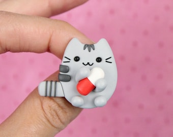Pusheen With Capsule Pin, Pharmacist Gift, Funny Cat Badge, Medical Worker Gift, Stocking Stuffers