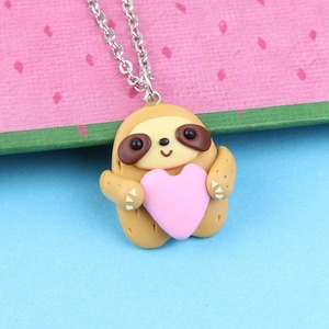 Cute Sloths Necklace, Funny Animal Lover Gift, Brown Throated Sloths Pendant, Gift for Kids, Valentines Day Jewelry, Stocking Stuffers image 1