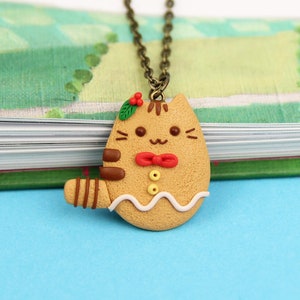 Gingerbread Cat Necklace, Xmas Gift For Kids, Miniature Food Jewelry, Christmas Pusheen Pendant, Funny Animal Necklace, Stocking Stuffers