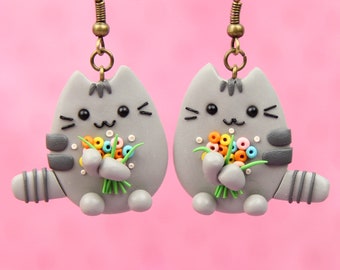 Spring Pusheen Earrings, Mother Day Gift, Lovely Kitty Earrings, Daughter Gift, Cat Lover Gift, Animal Jewelry, Pusheen Stocking Stuffers