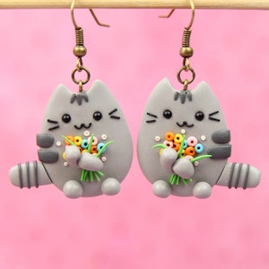 Spring Pusheen Earrings, Mother Day Gift, Lovely Kitty Earrings, Daughter Gift, Cat Lover Gift, Animal Jewelry, Pusheen Stocking Stuffers