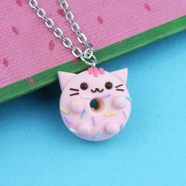 Collier de chat Pink Sprinkle Donut, Cadeau amusant pour enfants, Pendentif de nourriture Kawaii, Collier de chat drôle, Boucles d’oreilles Mini Doughnut, Bas Stuffers