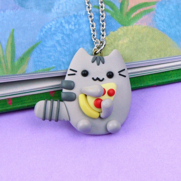 Pusheen With Pizza Necklace, Pizza Lover Gift, Funny Pusheen Keychain, Gift For Kids, Gray Cat Charm