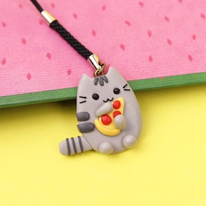 Pusheen With Pizza Keychain, Gift For Boyfriend, Pusheen Necklace, Funny Cat Charm