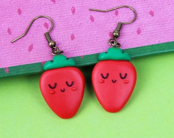 Sleeping Strawberry Earrings, Cute Vegan Gift, Red Kawaii Berry Jewelry