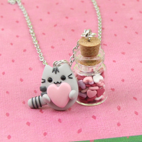 Bottle With Heart Necklace, Pusheen Lover Gift, Mini Glass Jar Pendant, Love Cat Jewelry, Valentines Day Gift, Stocking Stuffers