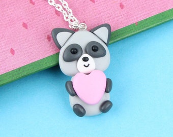 Funny Racoon With Pink Heart Necklace, Raccoon Lover Gift, Wildlife pendant