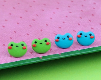 Cute Frog Stud Earrings, Goblincore Style Jewelry, Blue Froggy Studs