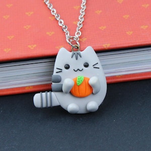 Halloween Pusheen Necklace, Funny Gift For Kids, Pumpkin Charm, Cute Cat Jewelry, Autumn Kitty Keychain