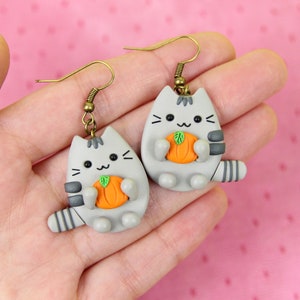Handmade Pusheen Cat Earrings: Polymer Clay Pumpkin Jewelry