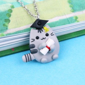 High School Graduation Gift, Student Cat Necklace, Congrats Grad Keychain, Funny Pusheen Jewelry