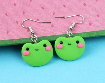 Goblincore Happy Froggy Earrings, Cute Cottagecore Jewelry, Green Frog Earrings