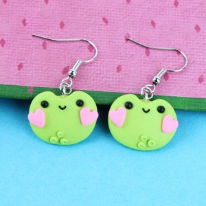 Frog With Heart Cheeks Earrings, Goblincore Happy Froggy Earrings, Cute Cottagecore Jewelry, Green Frog Earrings