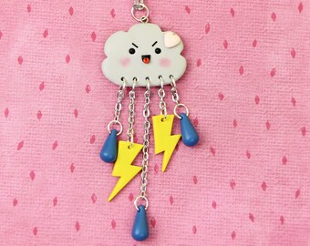 Thunderstorm Necklace, Gift For Friends, Storm Cloud Keychain, Lightning Flash Charm, Bad Weather Jewelry