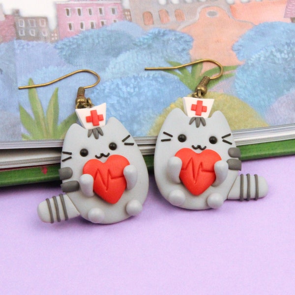 Heartbeat Earrings, Funny Nurse Gift, Pusheen Doctor Jewelry, Heart Rhythm Jewelry, Stocking Stuffers