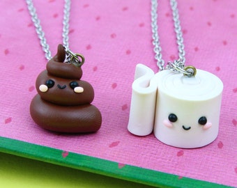 Poo And Toilet Paper Necklace Set, Gift for Best Friend, Fun Friendship Gift, Kawaii Poop Keychain, Funny BFF Jewelry