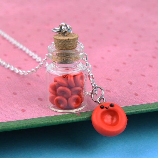 Tiny Red Blood Cell In Glass Bottle Necklace, Biology Microbiology Gift, Science Keychain