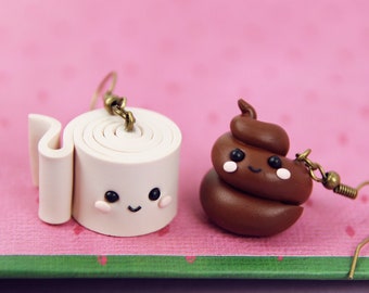 Kawaii Poop and Toilet Paper Mismatch Earrings: Polymer Clay Jewelry