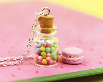 Bottle With Candy Necklace, Sweets Lover Gift, Mini Glass Jar Pendant, Candy Jewelry, Macaroon Necklace, Stocking Stuffers