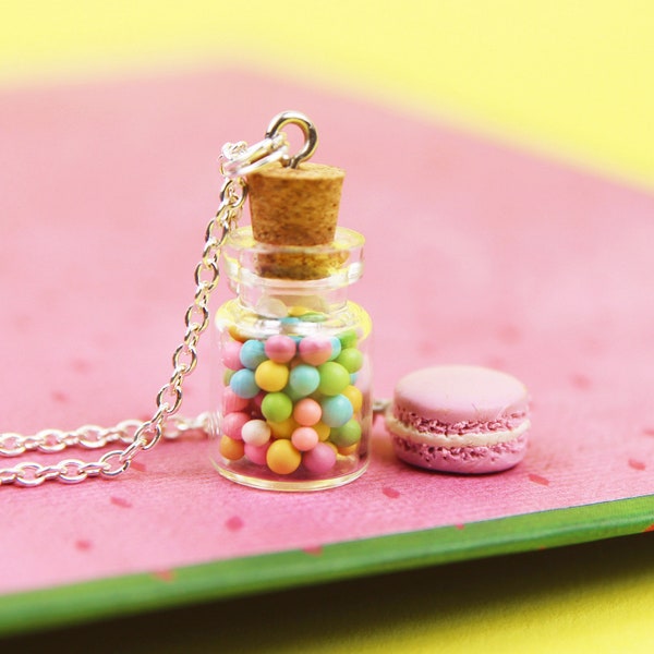 Bottle With Candy Necklace, Sweets Lover Gift, Mini Glass Jar Pendant, Candy Jewelry, Macaroon Necklace, Stocking Stuffers