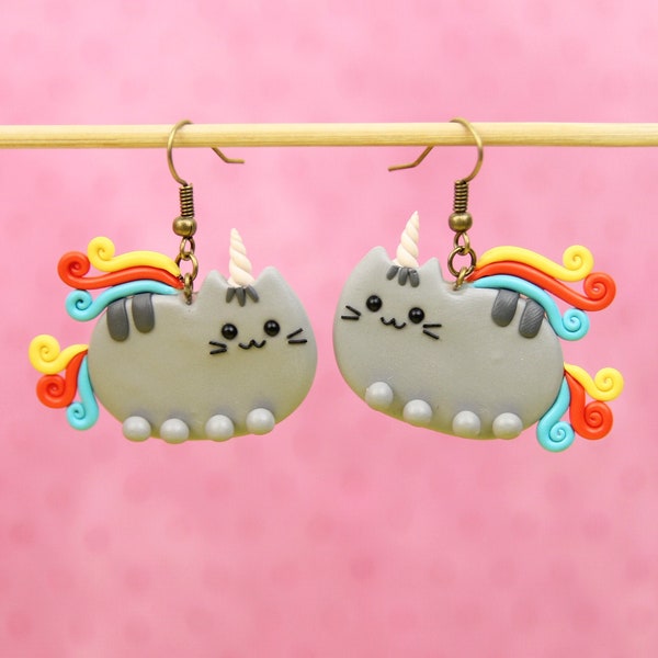 Unicorn Pusheen Earrings, Gift For Kids, Unicorn Earrings, Mythical Animal Jewelry, Unicorn Lover Gift, Fun Cat Earrings, Stocking Stuffers