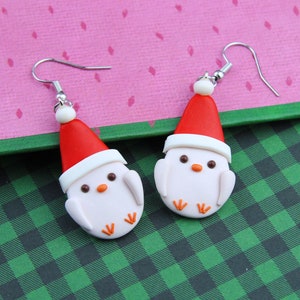 Chicken with Santa Hat Earrings, Stocking Stuffers Gift, Christmas Farm Animal Earrings, Gift For Kids
