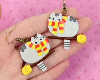 Wizard Pusheen Earrings: Handmade Polymer Clay Cat Jewelry